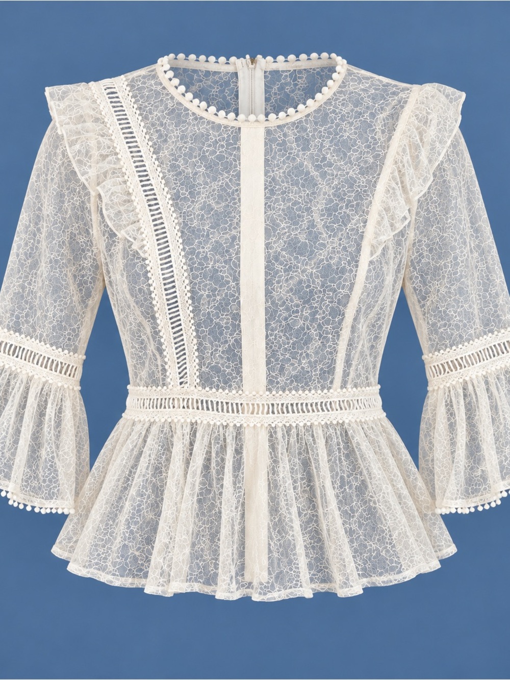 A.Peach Cream Lace Ruffle Flare Bell Sleeve Peplum Top Romatic Fairy Whimsigoth